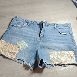 Wonderly Light Blue Denim Patchwork Shorts with Floral Accents